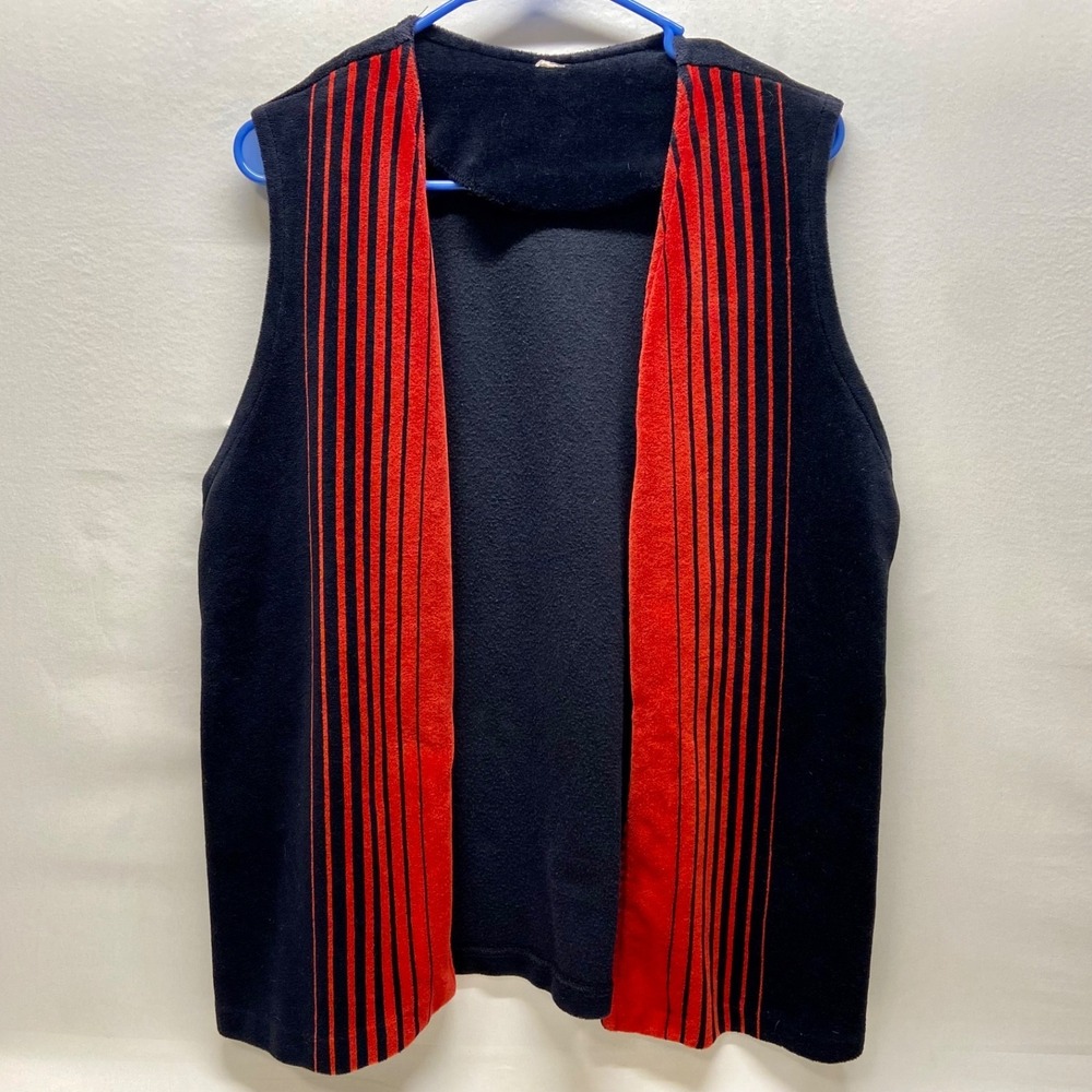 Vintage Velour Vest Women's Large Black Red Open Front 70s Sleeveless Velvet GUC